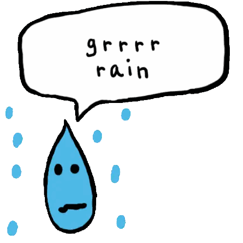 A Cartoon Drawing Of A Drop Of Water With A Face And A Speech Bubble That Says Grrr Rain Sticker