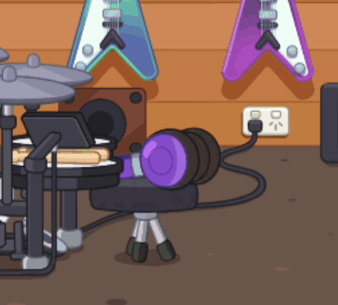 A Cartoon Drawing Of A Drum Set And Headphones With Guitars Hanging On The Wall GIF