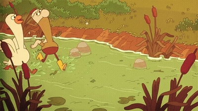 A Cartoon Drawing Of A Duck And A Man Running In A River GIF