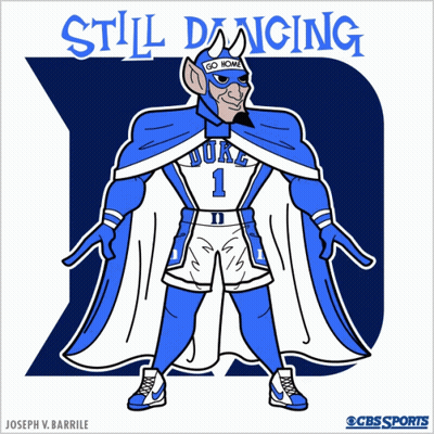 A Cartoon Drawing Of A Duke Basketball Player With The Words Still Dancing Behind Him GIF