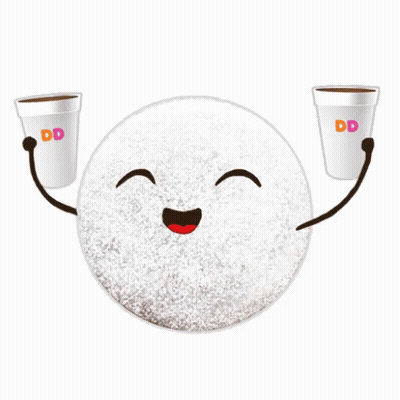 A Cartoon Drawing Of A Dunkin Donut Holding Two Cups Of Coffee GIF