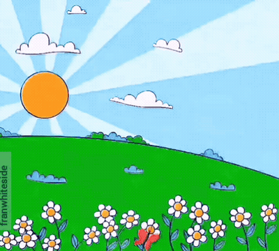 A Cartoon Drawing Of A Field Of Flowers With The Sun Shining GIF