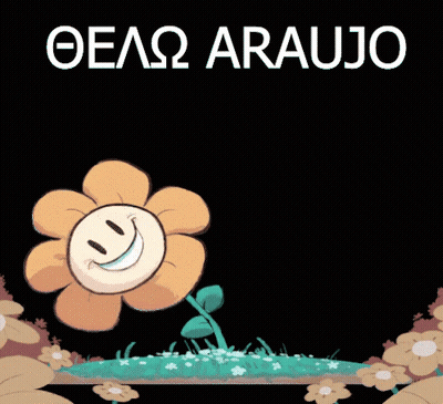 A Cartoon Drawing Of A Flower With A Smiley Face And The Word Araujo In White Letters GIF
