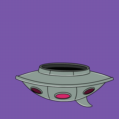 A Cartoon Drawing Of A Flying Saucer With A Blue Bird Hanging Over It GIF