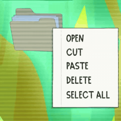 A Cartoon Drawing Of A Folder With The Words Open Cut Paste Delete And Select All On It GIF