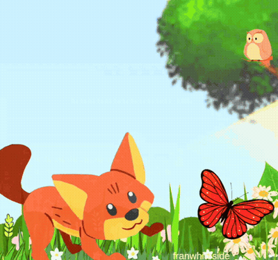 A Cartoon Drawing Of A Fox Looking At A Butterfly And An Owl Sitting On A Branch GIF