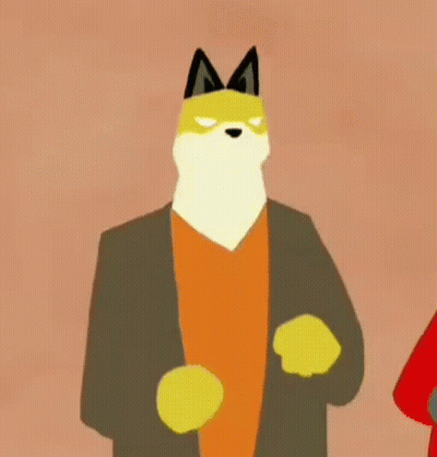 A Cartoon Drawing Of A Fox Wearing A Jacket And Orange Shirt GIF
