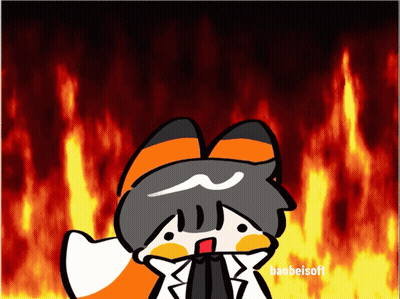 A Cartoon Drawing Of A Fox With Fire In The Background With Baobeisoft Written Below It GIF