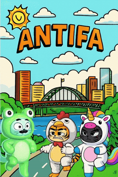 A Cartoon Drawing Of A Frog A Tiger And A Unicorn With The Word Antifa Above Them GIF