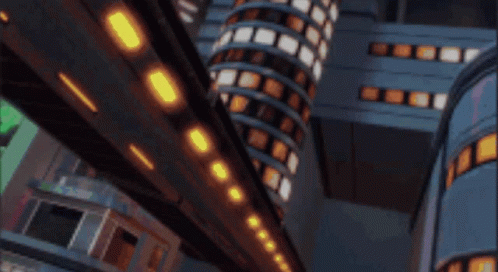 A Cartoon Drawing Of A Futuristic City With Buildings And Streets GIF