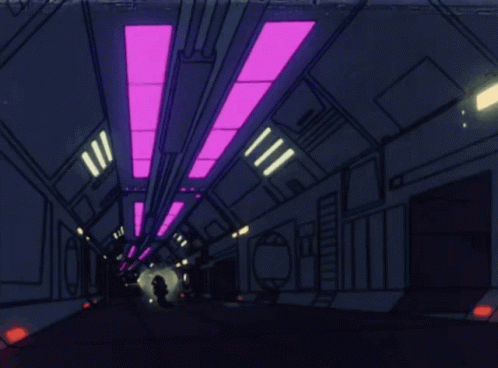 A Cartoon Drawing Of A Futuristic Tunnel With Purple Lights On The Ceiling GIF