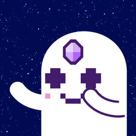 A Cartoon Drawing Of A Ghost With A Purple Jewel On Its Forehead GIF