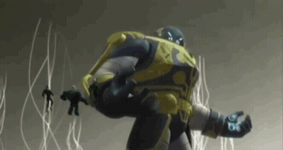 A Cartoon Drawing Of A Giant Robot With A Blue Light Coming Out Of His Hand GIF