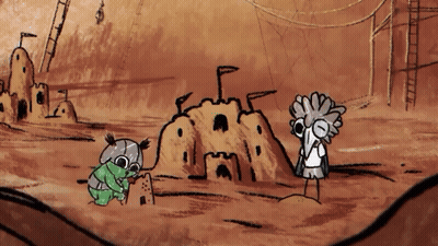 A Cartoon Drawing Of A Girl And A Boy Building A Sand Castle GIF