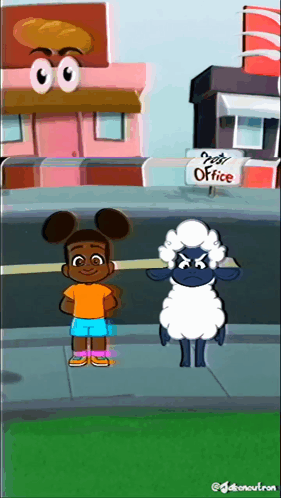 A Cartoon Drawing Of A Girl And A Sheep Standing Next To A Sign That Says " Post Office " GIF