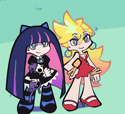 A Cartoon Drawing Of A Girl Holding A Cat And Another Girl Standing Next To Each Other GIF