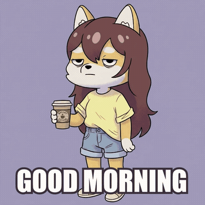 A Cartoon Drawing Of A Girl Holding A Cup Of Coffee And The Words Good Morning GIF