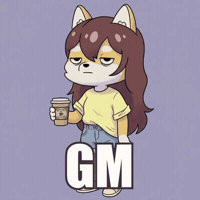A Cartoon Drawing Of A Girl Holding A Cup Of Coffee With The Word Gm Above Her GIF