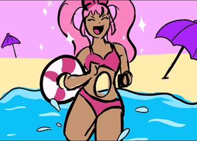 A Cartoon Drawing Of A Girl In A Bikini Holding A Float GIF