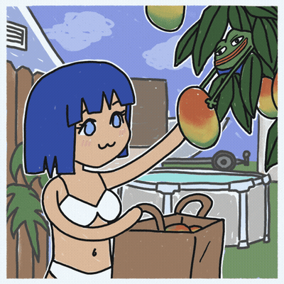 A Cartoon Drawing Of A Girl In A Bikini Picking Mangoes GIF
