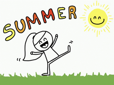 A Cartoon Drawing Of A Girl Jumping In The Air With The Words Summer Written Above Her GIF