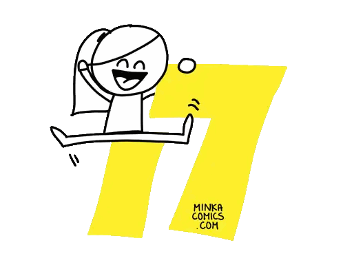 A Cartoon Drawing Of A Girl Jumping Over A Pink Number 77 Sticker