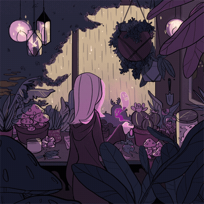 A Cartoon Drawing Of A Girl Looking Out A Window With Plants In Pots GIF