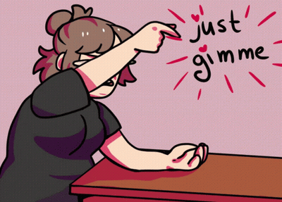 A Cartoon Drawing Of A Girl Sitting At A Table Saying " Just Gimme " GIF