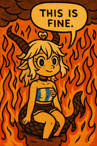 A Cartoon Drawing Of A Girl Sitting On A Dragon With A Speech Bubble Saying This Is Fine GIF