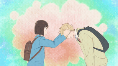 A Cartoon Drawing Of A Girl Touching A Boy 'S Hair GIF