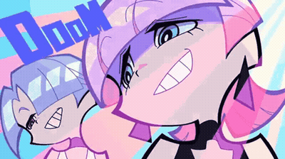 A Cartoon Drawing Of A Girl With A Purple Hair And The Word Dock Behind Her GIF