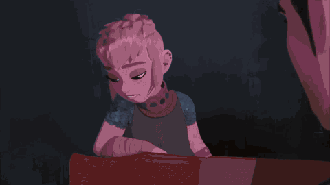 A Cartoon Drawing Of A Girl With A Purple Hair And White Eyes GIF