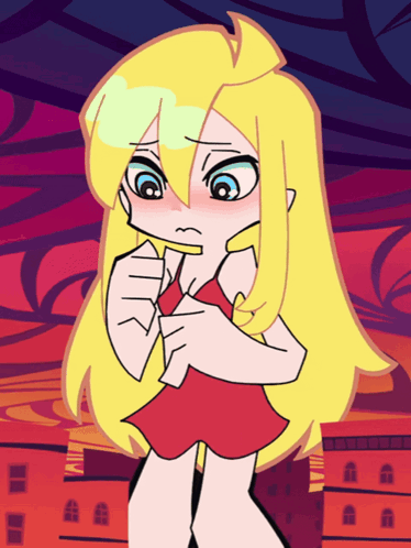 A Cartoon Drawing Of A Girl With Blonde Hair And A Red Dress GIF