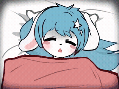 A Cartoon Drawing Of A Girl With Blue Hair And White Ears Laying In Bed GIF
