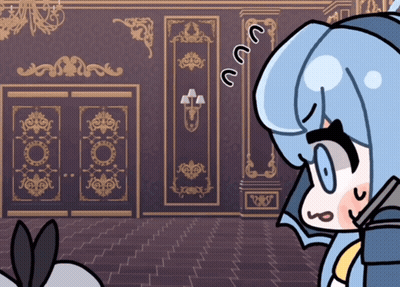 A Cartoon Drawing Of A Girl With Blue Hair Looking At A Door GIF