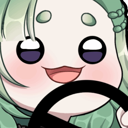 A Cartoon Drawing Of A Girl With Green Hair Holding A Steering Wheel GIF