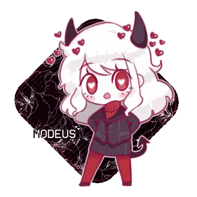 A Cartoon Drawing Of A Girl With Horns And The Name Modeus On The Bottom Sticker