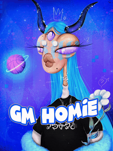 A Cartoon Drawing Of A Girl With Horns And The Words Gm Homie On The Bottom GIF