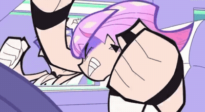 A Cartoon Drawing Of A Girl With Pink Hair And Black Pants GIF