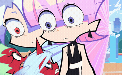 A Cartoon Drawing Of A Girl With Purple Hair And Red Horns GIF