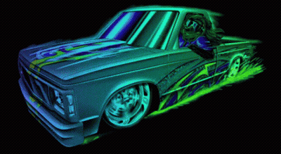 A Cartoon Drawing Of A Gm Truck With A Man In Sunglasses On The Side GIF