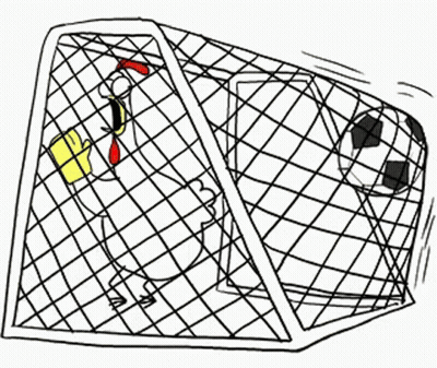 A Cartoon Drawing Of A Goal With A Soccer Ball Coming Out Of It GIF