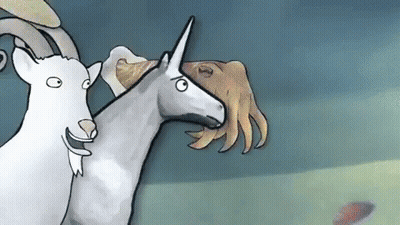 A Cartoon Drawing Of A Goat And A Unicorn Standing Next To Each Other GIF