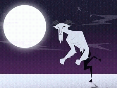 A Cartoon Drawing Of A Goat With Horns Standing In Front Of A Full Moon GIF