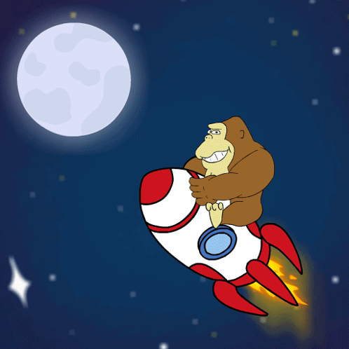 A Cartoon Drawing Of A Gorilla Riding A Rocket In Space GIF