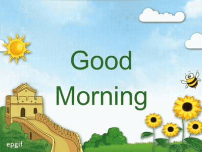 A Cartoon Drawing Of A Great Wall And Sunflowers With The Words Good Morning GIF