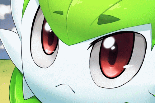 A Cartoon Drawing Of A Green And White Pokemon With Red Eyes GIF