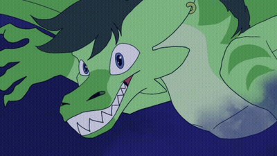A Cartoon Drawing Of A Green Dragon With Blue Eyes And Sharp Teeth GIF