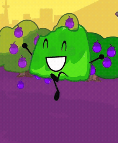 A Cartoon Drawing Of A Green Object With A Smile On Its Face Surrounded By Purple Berries GIF