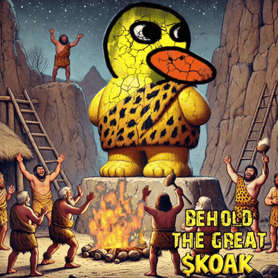 A Cartoon Drawing Of A Group Of Cavemen Surrounding A Statue Of A Duck Titled Behold The Great Skoak GIF
